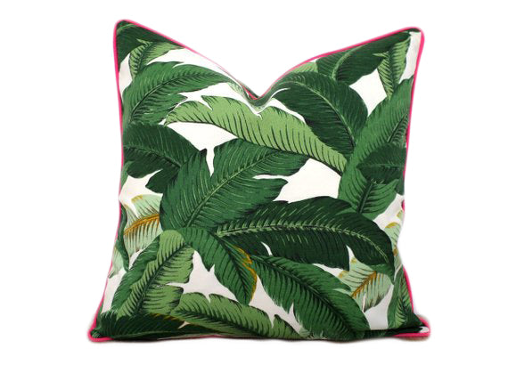 Isla Palm Print Throw Pillow - Green & White Fabric with Pink Piping - Various Sizes