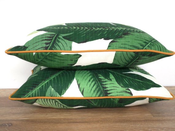 Isla Palm Print Throw Pillow - Green & White Fabric with Tan Piping - Various Sizes