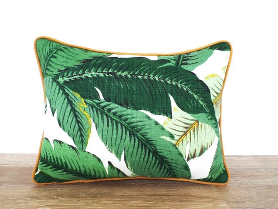 Isla Palm Print Throw Pillow - Green & White Fabric with Tan Piping - Various Sizes