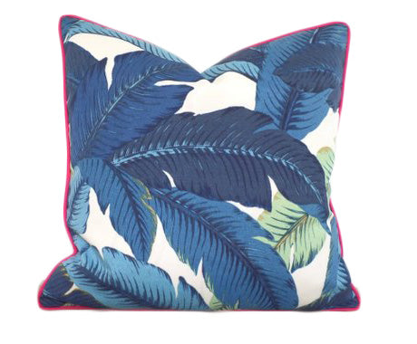 Isla Palm Print Throw Pillow - Blue & White with Pink Piping - Various Sizes