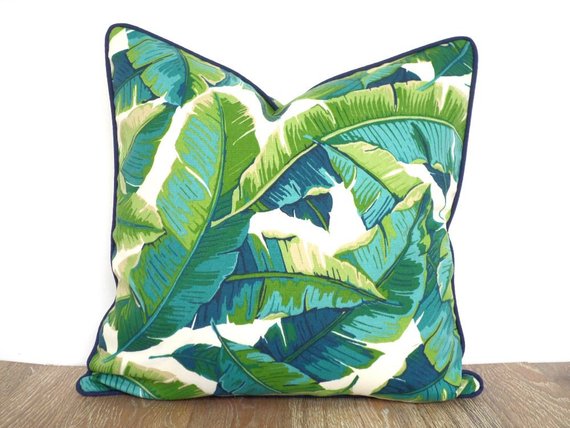 Isla Palm Print Throw Pillow - Aqua, Blue & White Fabric  - Navy Piping - Various Sizes