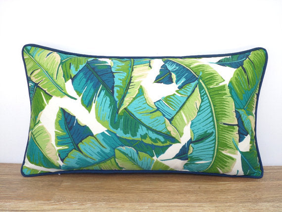 Isla Palm Print Throw Pillow - Aqua, Blue & White Fabric  - Navy Piping - Various Sizes