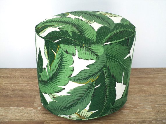 Isla Palm Print Poof Ottoman - Green & White - 16"