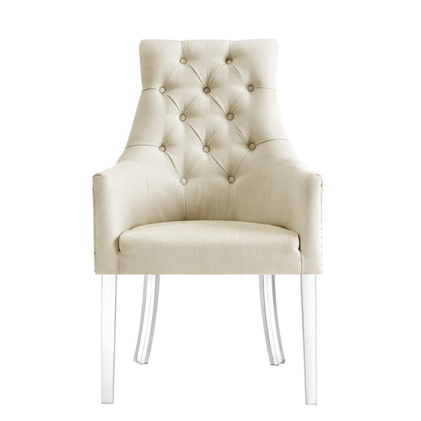 Posh Arm Chair lucite legs button tufted ivory linen by luxe furniture