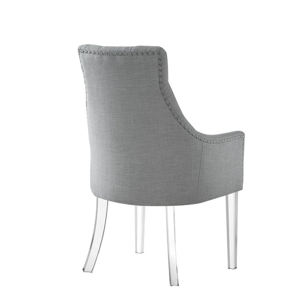 Posh Arm Chair lucite legs button tufted grey linen by luxe furniture
