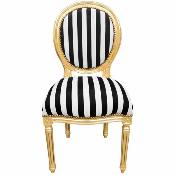 French Louis XVI Chair - Black & White Stripe on Gold
