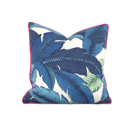 Isla Palm Print Throw Pillow - Blue & White with Pink Piping - Various Sizes
