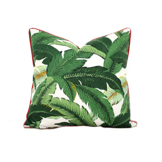 Isla Palm Print Throw Pillow - Green & White Fabric with Pink Piping - Various Sizes