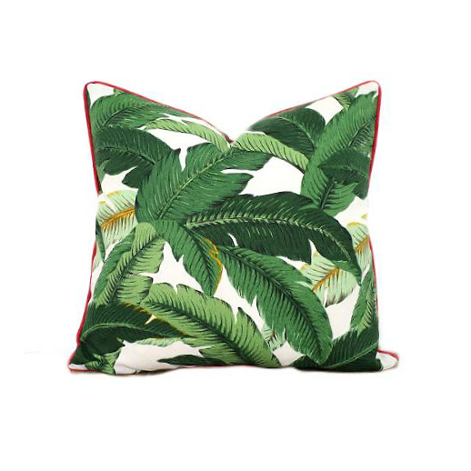 Isla Palm Print Throw Pillow - Green & White Fabric with Coral Piping - Various Sizes