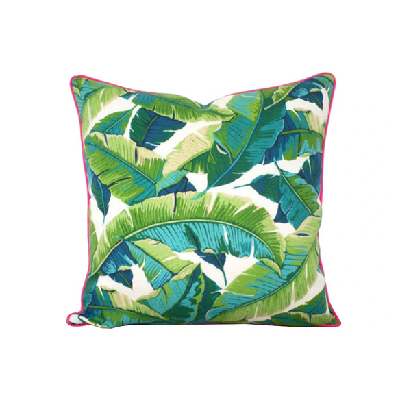 Isla Palm Print Throw Pillow - Turquoise, Green & White Fabric  - Pink Piping - Various Sizes