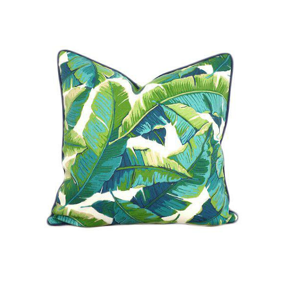 Isla Palm Print Throw Pillow - Aqua, Blue & White Fabric  - Navy Piping - Various Sizes