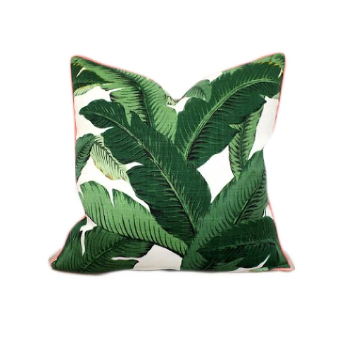 Isla Palm Print Throw Pillow - Green & White Fabric with Tan Piping - Various Sizes