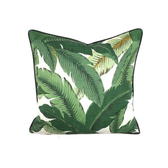 Isla Palm Print Throw Pillow - Green & White Fabric with Black Piping - Various Sizes