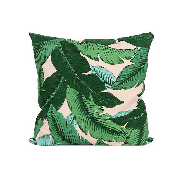 Isla Palm Print Throw Pillow - Green & Pink Fabric  - Pink Piping - Various Sizes