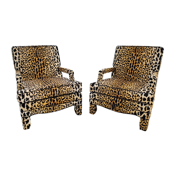 Mid Century Modern Jaguar Chairs - Leopard Print Velvet Lounge Chairs - Pair