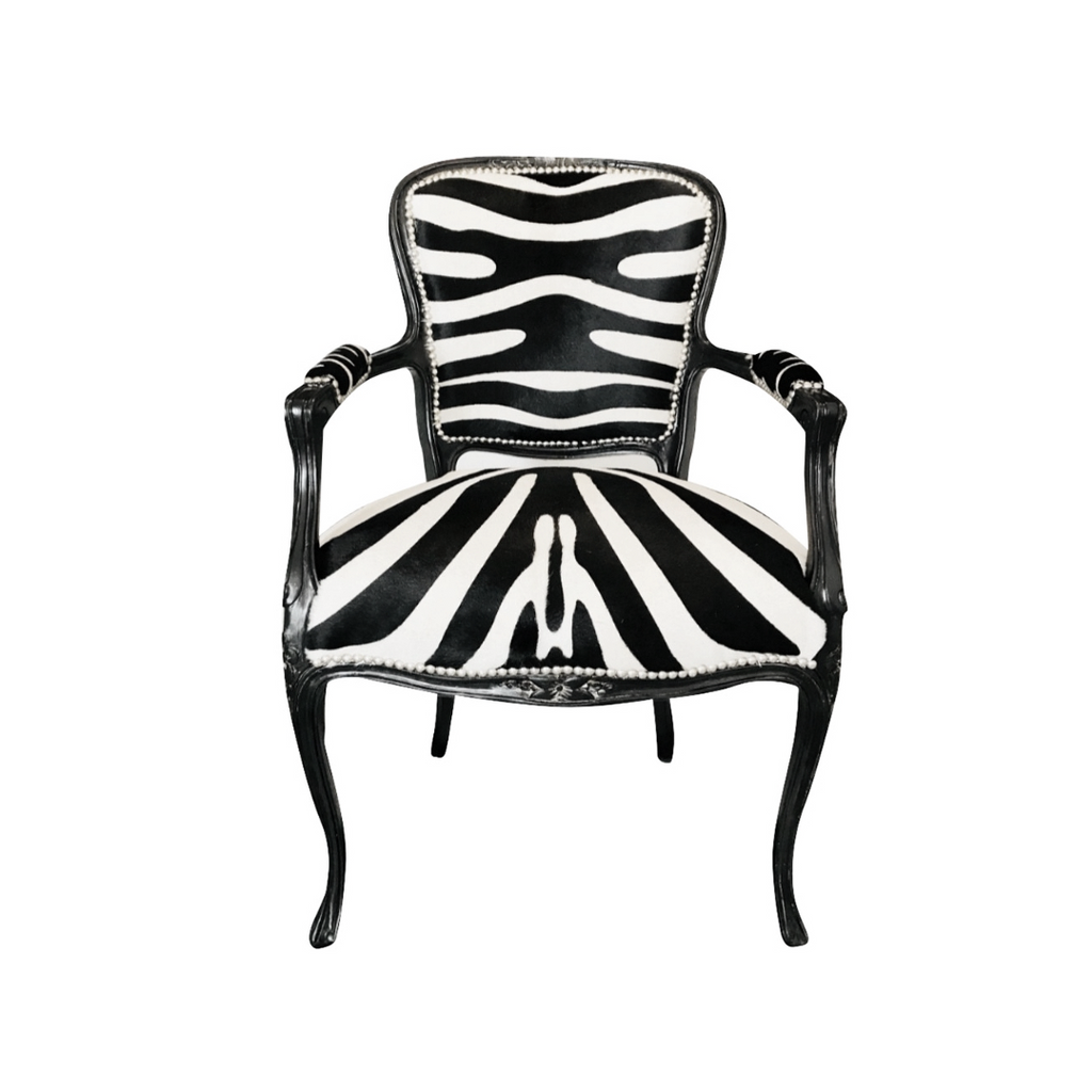 Baroque Armchair - Zebra Print Leather Hide on Black Frame