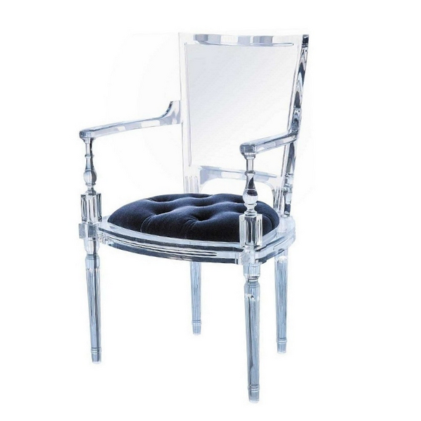 Global Views Marilyn Acrylic Arm Chair Admiral Blue Velvet lucite dining