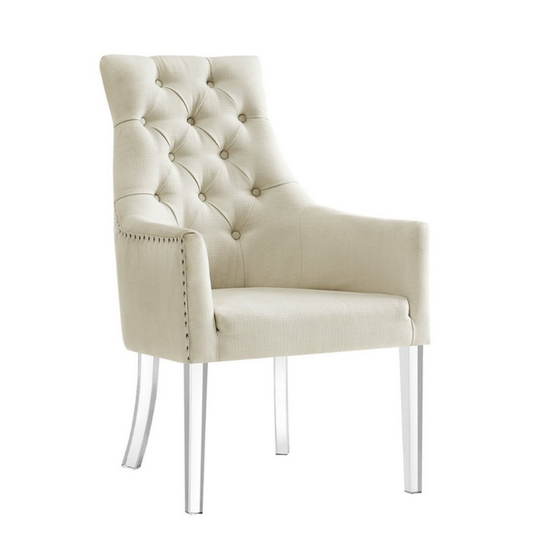 Posh Arm Chair button tufted ivory linen lucite acrylic legs by luxe furniture