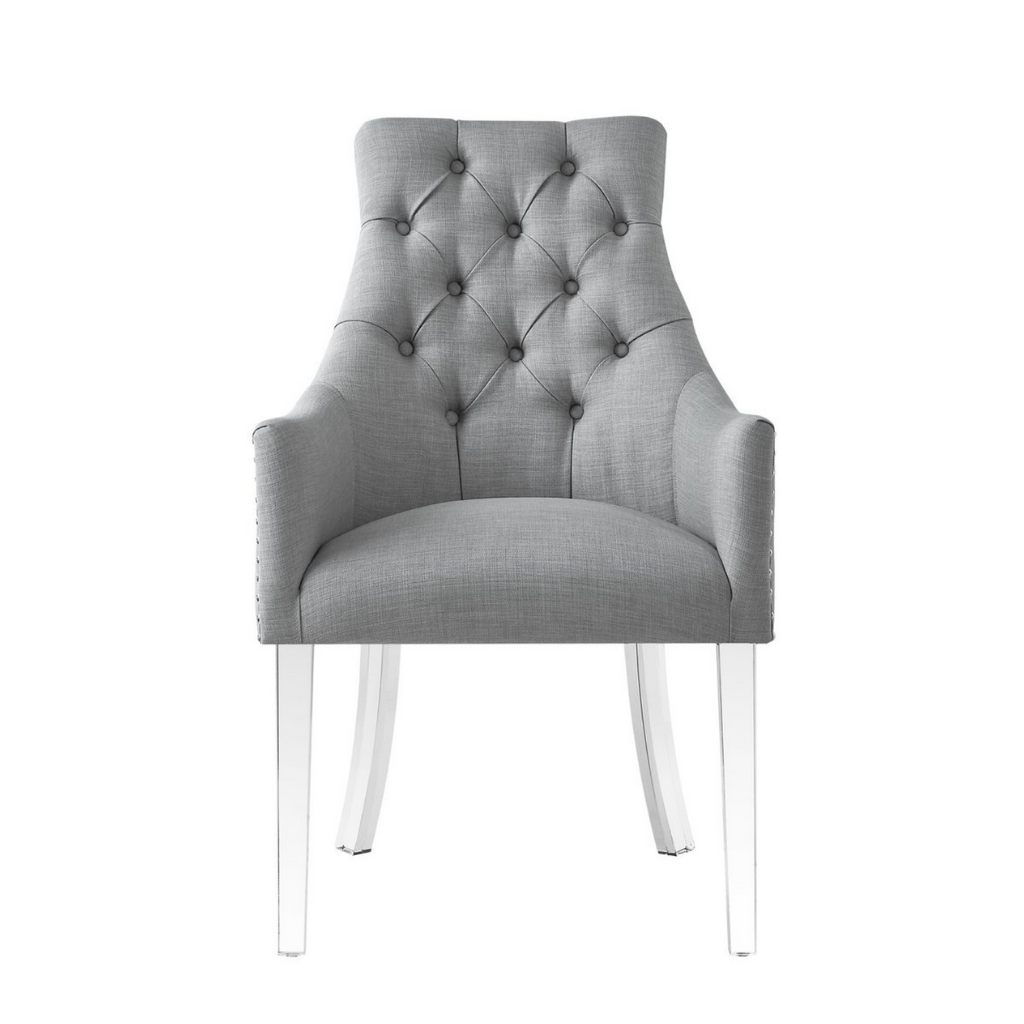 Posh Arm Chair acrylic legs button tufted grey linen by luxe furniture