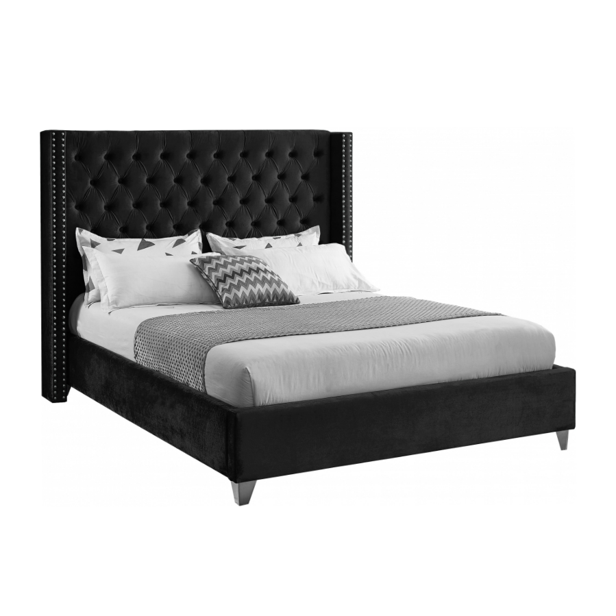 Wing Tufted Bed Black Velvet