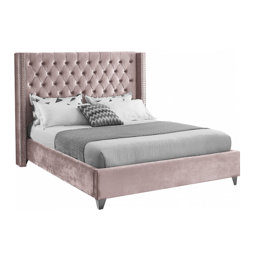 Blush pink velvet tufted bed upholstered headboard with nailheads