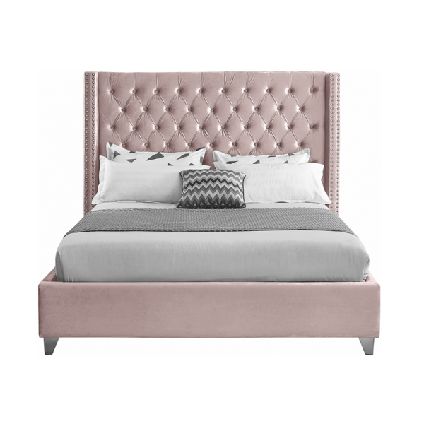 Aiden Bed from Meridian Furniture blush velvet tufted headboard with wings and nailheads