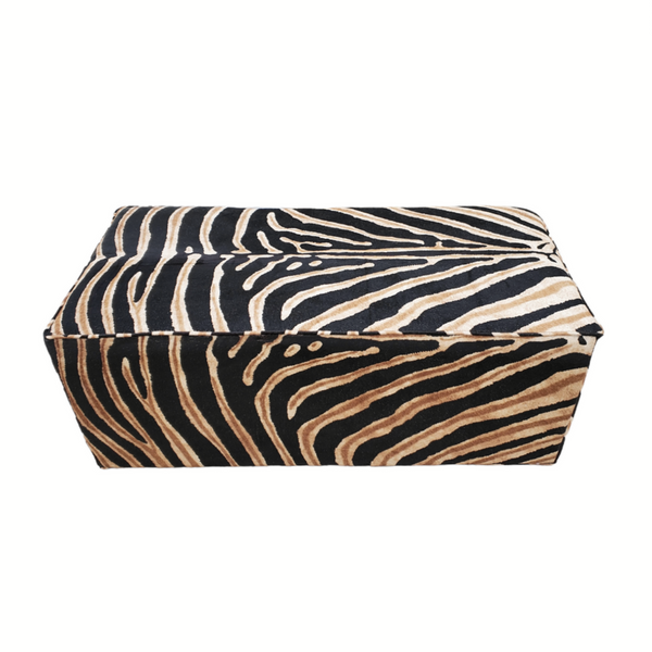 Zebra printed leather hair on hide rectangular ottoman