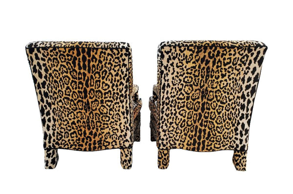 Mid Century Modern Jaquar Leopard Print Velvet Lounge Chairs