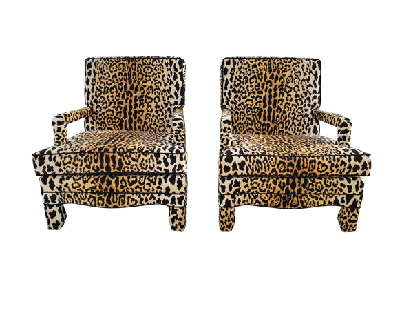 Mid Century Modern Jaquar Leopard Print Velvet Lounge Chairs