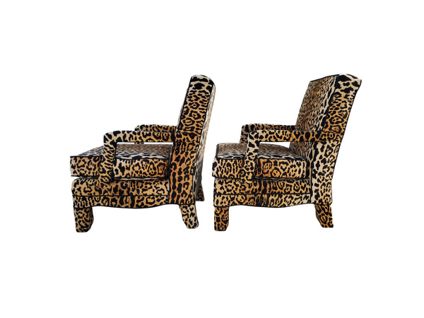Mid Century Modern Jaguar Chairs - Leopard Print Velvet Lounge Chairs - Pair