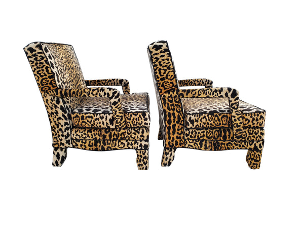 Mid Century Modern Jaquar Leopard Print Velvet Lounge Chairs