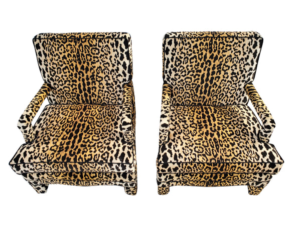 Mid Century Modern Jaquar Leopard Print Velvet Lounge Chairs
